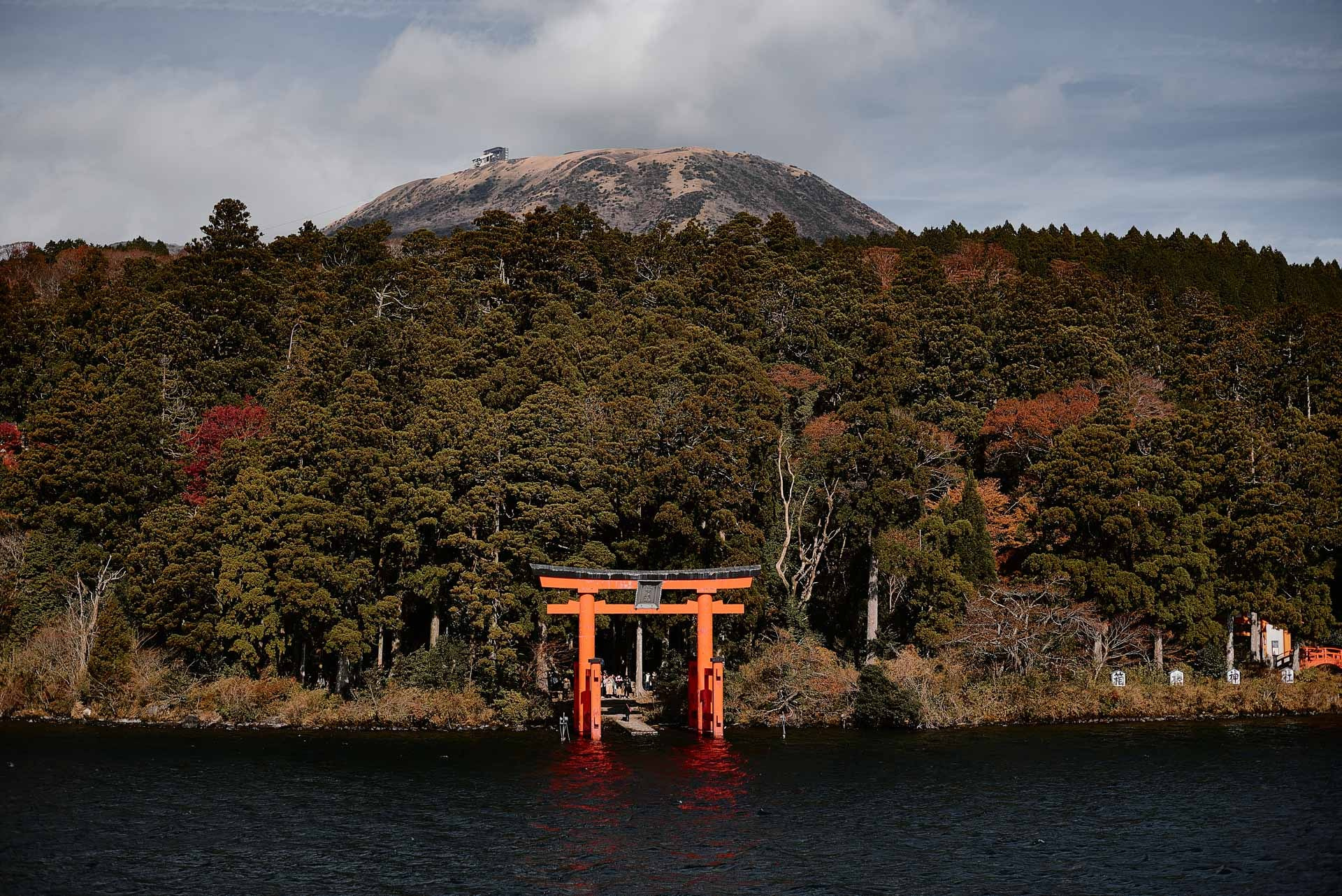 Red torii gate of Hakone Shrine standing in Lake Ashi surrounded by forest.