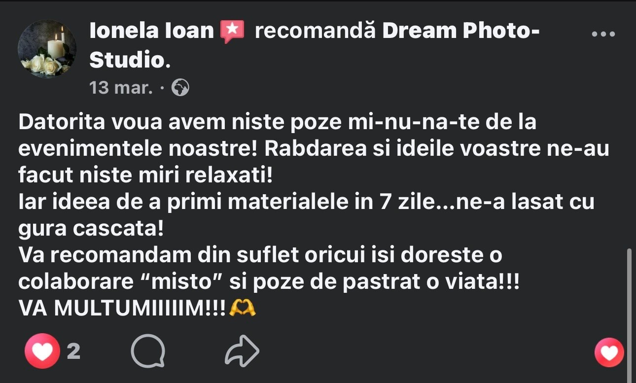 Recenzii Facebook. Dream Studio Galați – ședințe foto profesionale pentru familie, portrete și evenimente